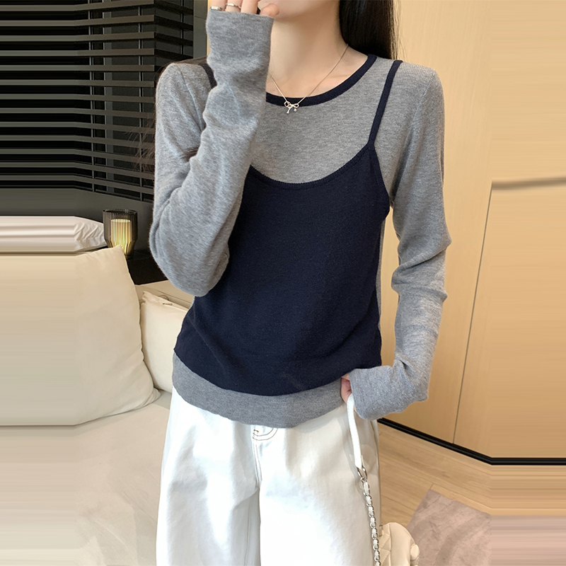 韓系圓領撞色假兩件長袖針織衫(3色)