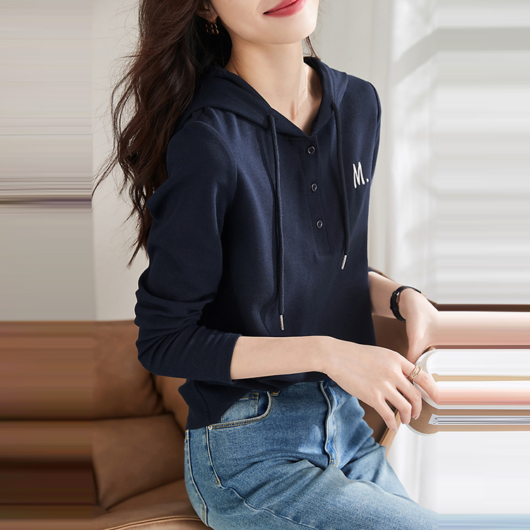 時尚字母刺繡連帽抽繩長袖T恤