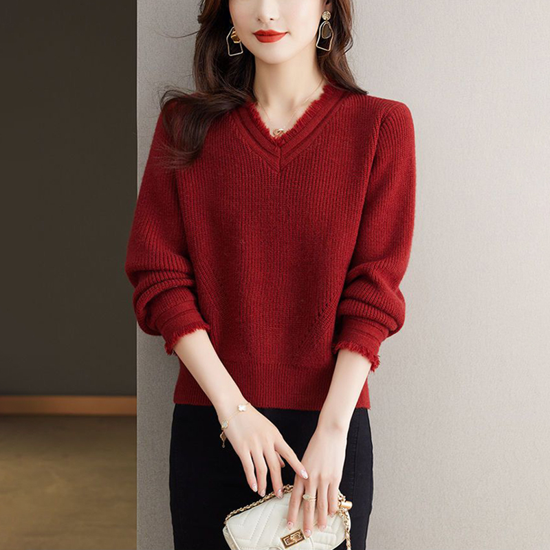 洋氣V領流蘇短款針織毛衣