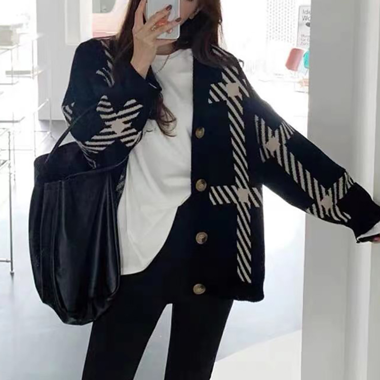 韓系格子撞色V領針織開襟衫(2色)