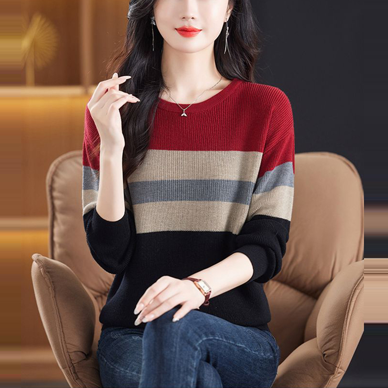 時尚拼色條紋加厚針織衫