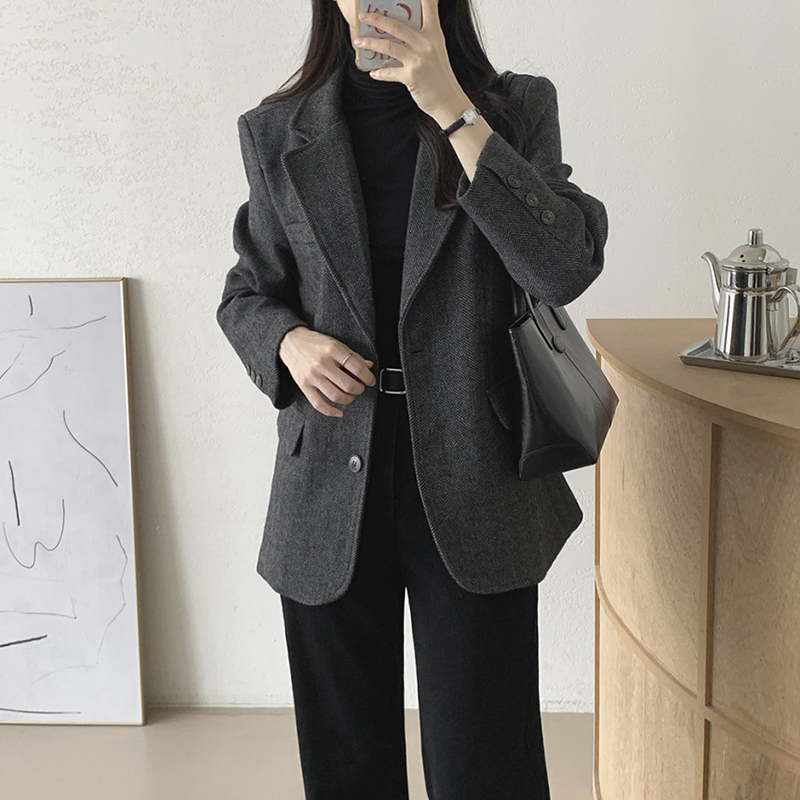 法式單排扣人字斜紋外套(2色)