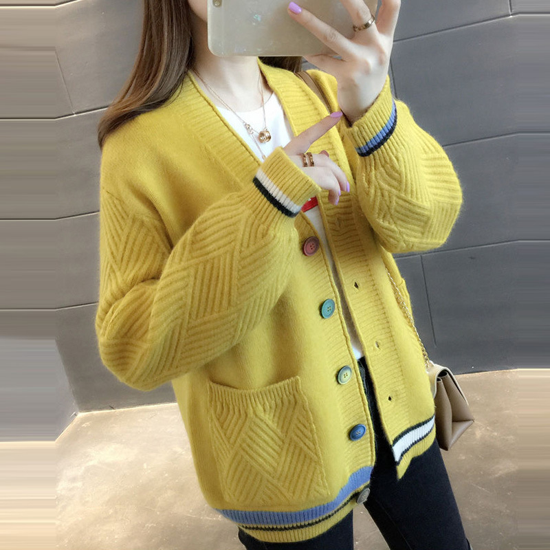 百搭V領拼色長袖針織開襟衫(6色)