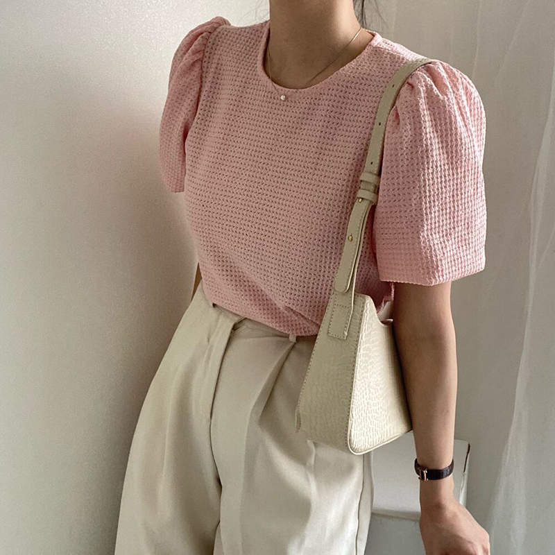 溫柔鏤空圓領泡泡袖針織T恤(3色)