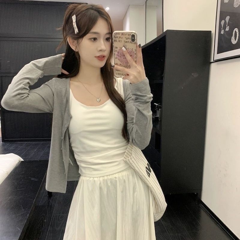 復古溫柔風針織開衫+內搭吊帶背心+半身裙三件套裝