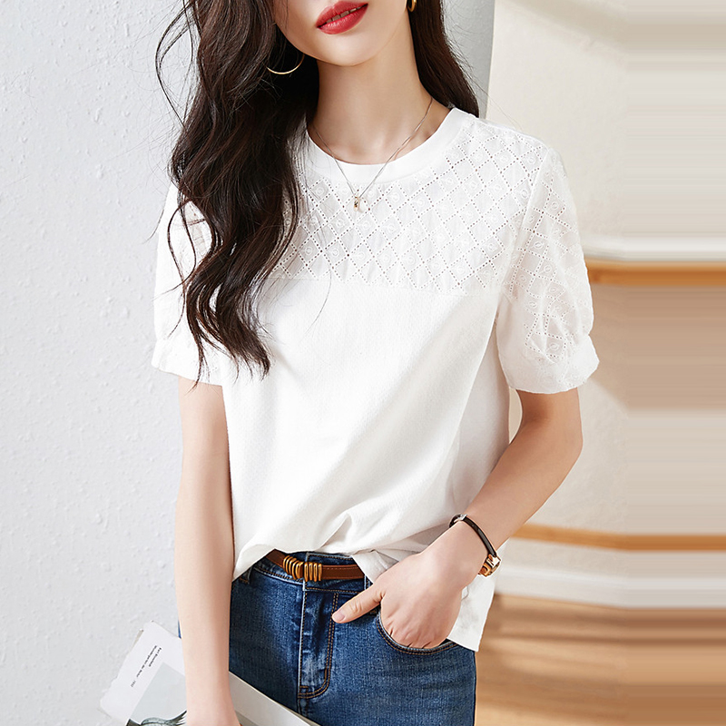 百搭圓領刺繡拼接短袖T恤