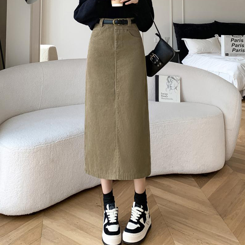 復古赫本風高腰直筒燈芯絨半身裙(3色)