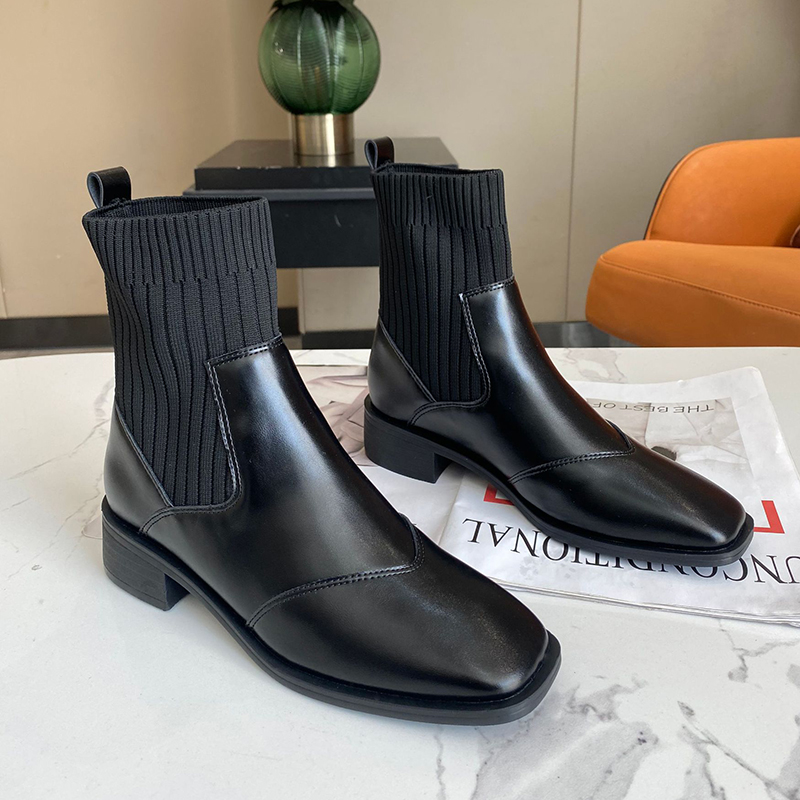 英倫風粗跟方頭針織彈性襪馬丁靴(2色)