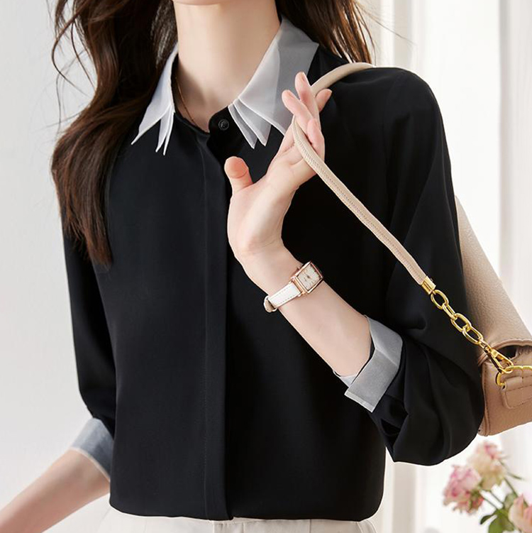 小眾復古拼色POLO領疊穿燈籠袖襯衫