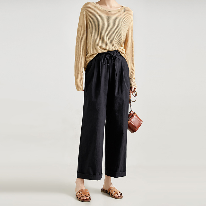 薄款休閒寬鬆直筒九分闊腿褲(3色)