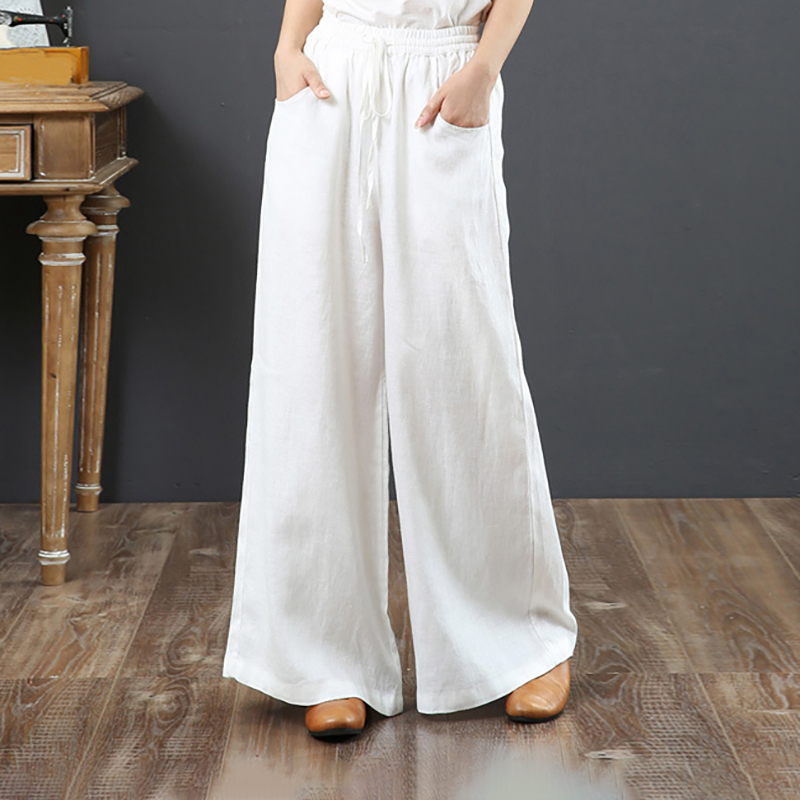 寬鬆高腰拖地闊腿亞麻褲(8色)