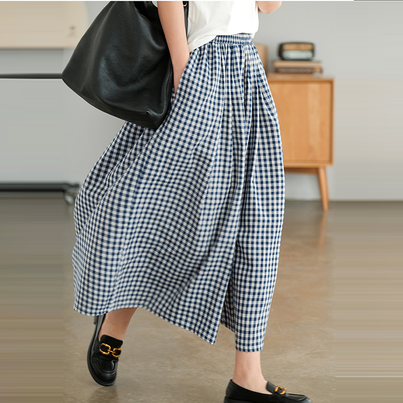 舒適休閒棉麻格紋闊腿褲裙(4色)