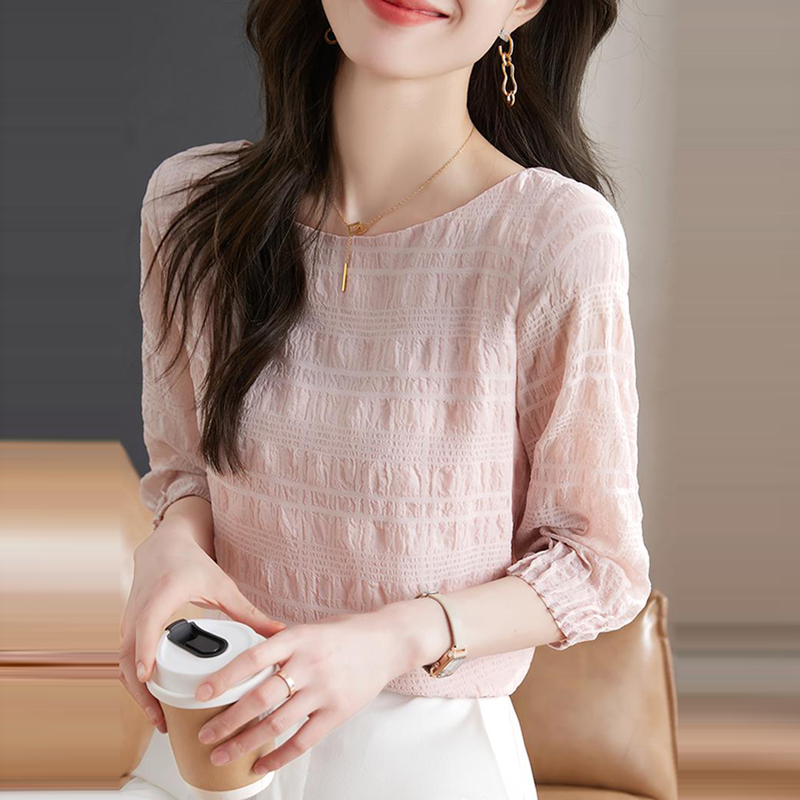 甜系圓領壓褶皺七分袖小衫