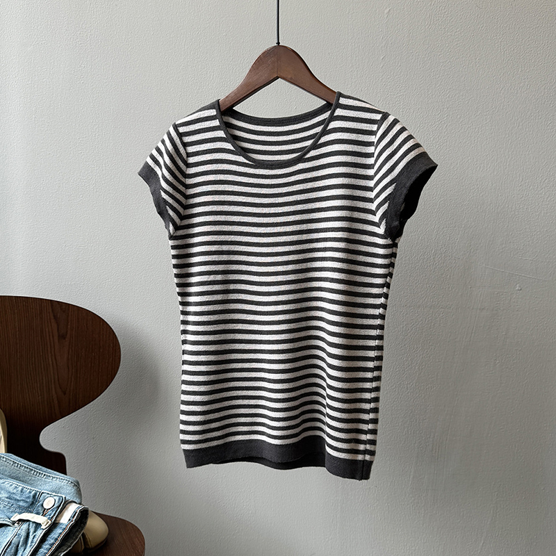 春夏新款撞色條紋圓領短袖T恤(2色)