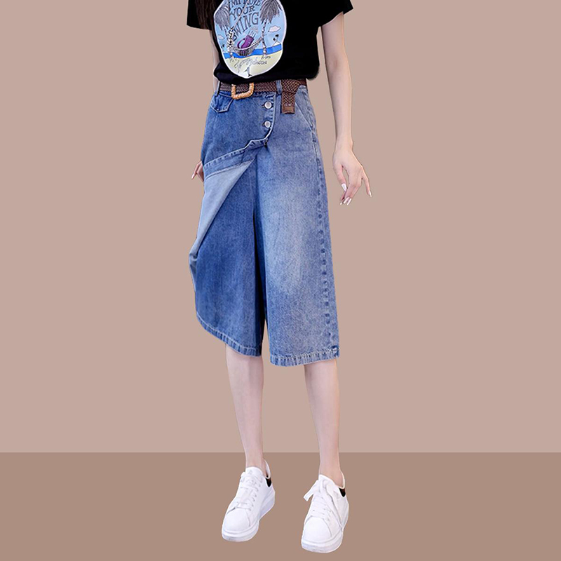薄款七分高腰寬鬆闊腿牛仔裙褲