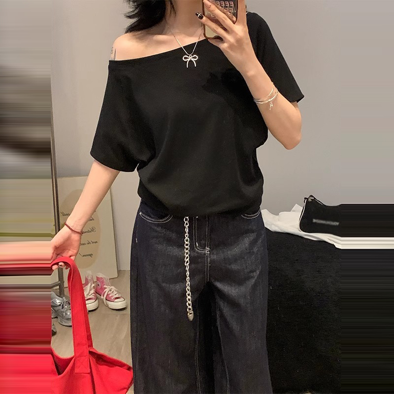 優雅一字領斜露肩短袖T恤(4色)