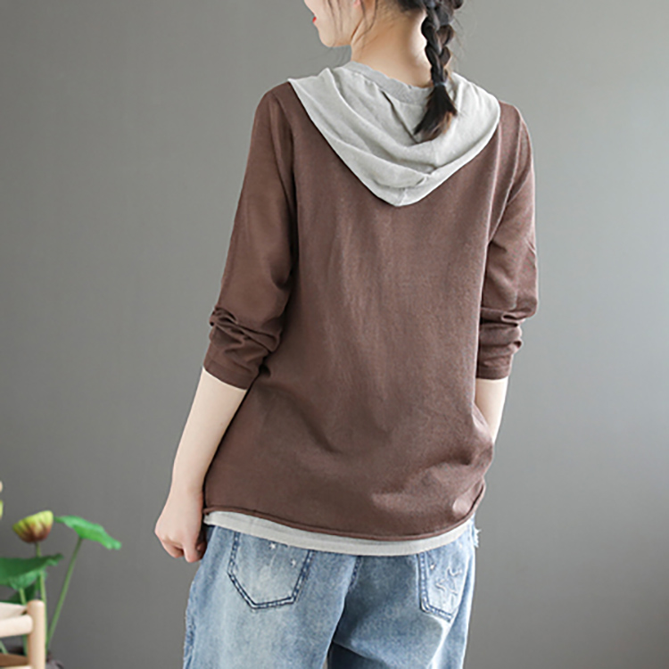 文藝復古連帽針織薄款假兩件T恤(5色)