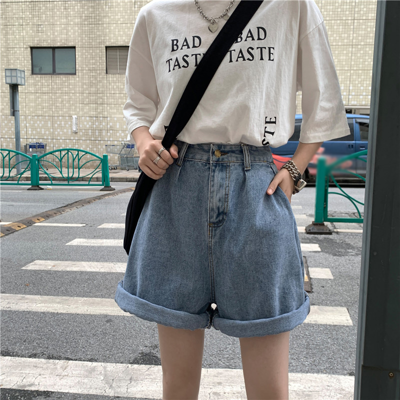 高腰薄款寬鬆闊腿五分牛仔短褲