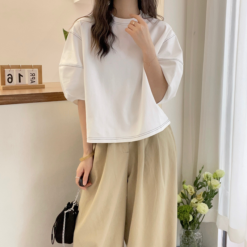 明線壓線設計燈籠袖T恤(2色)