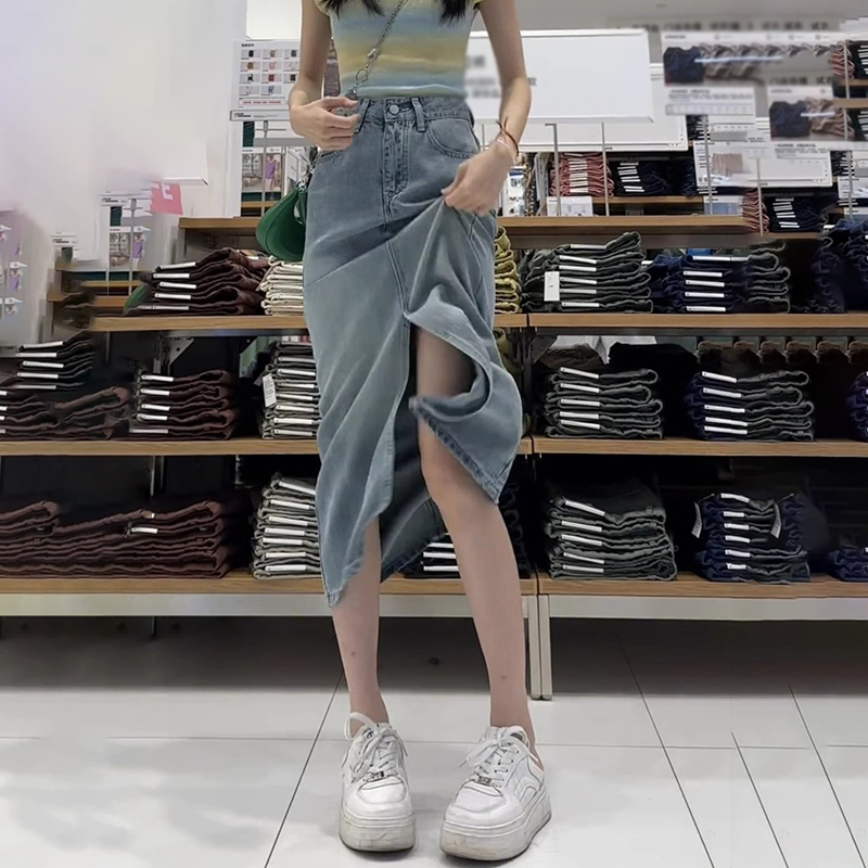 高腰開叉天絲牛仔A字裙(2色)