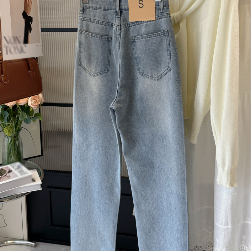 重工燙鑽高腰直筒牛仔褲