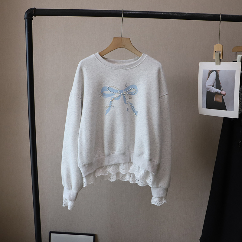 韓系蕾絲拼接蝴蝶結釘珠假兩件衛衣(4色)