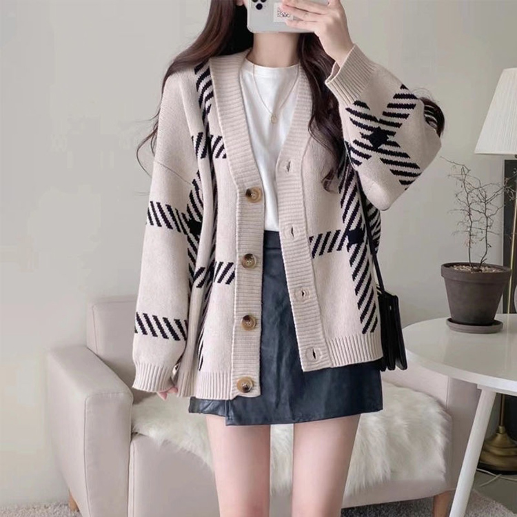 韓系格子撞色V領針織開襟衫(2色)