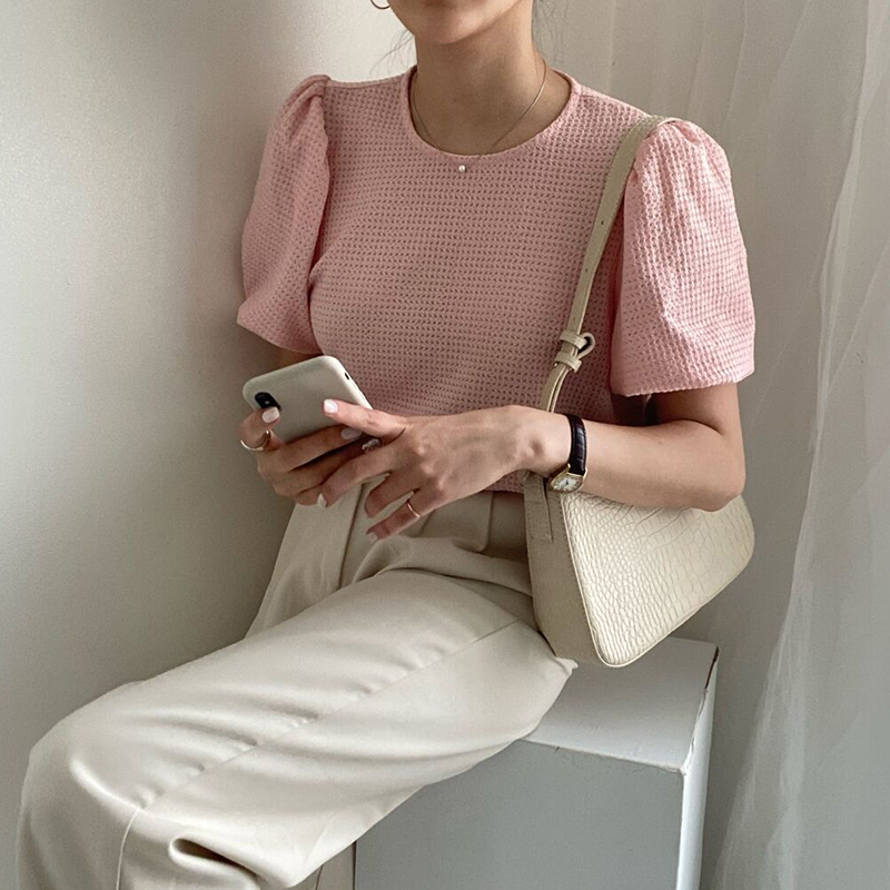 溫柔鏤空圓領泡泡袖針織T恤(3色)