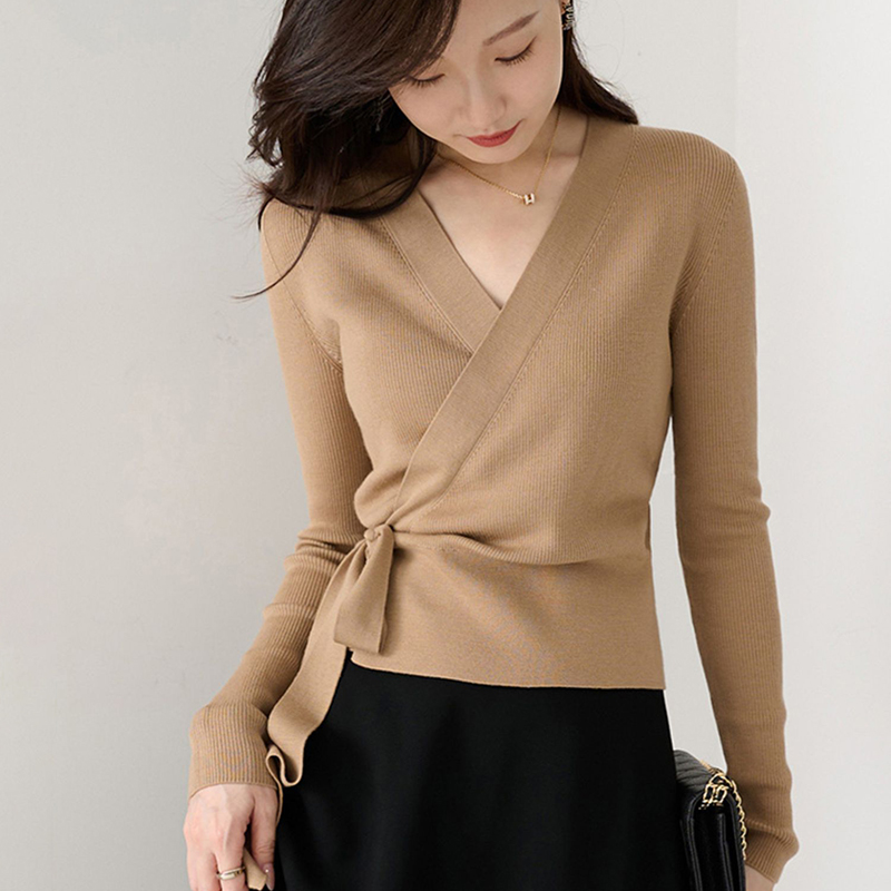 純色圍裹式V領綁帶針織衫(3色)