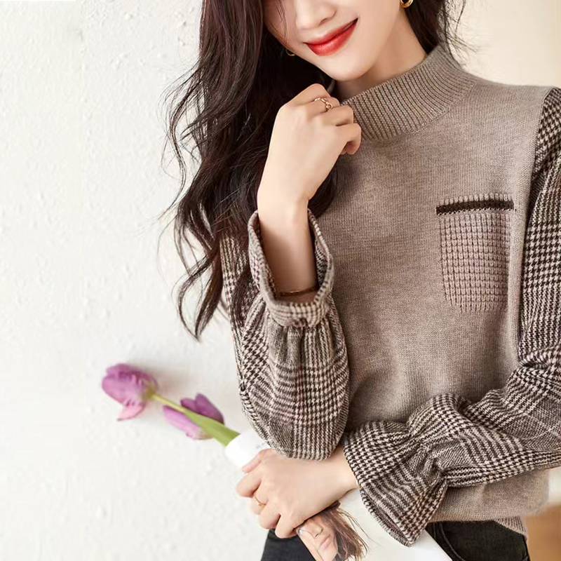 簡約百搭復古英倫風拼色格紋喇叭袖針織衫(3色)