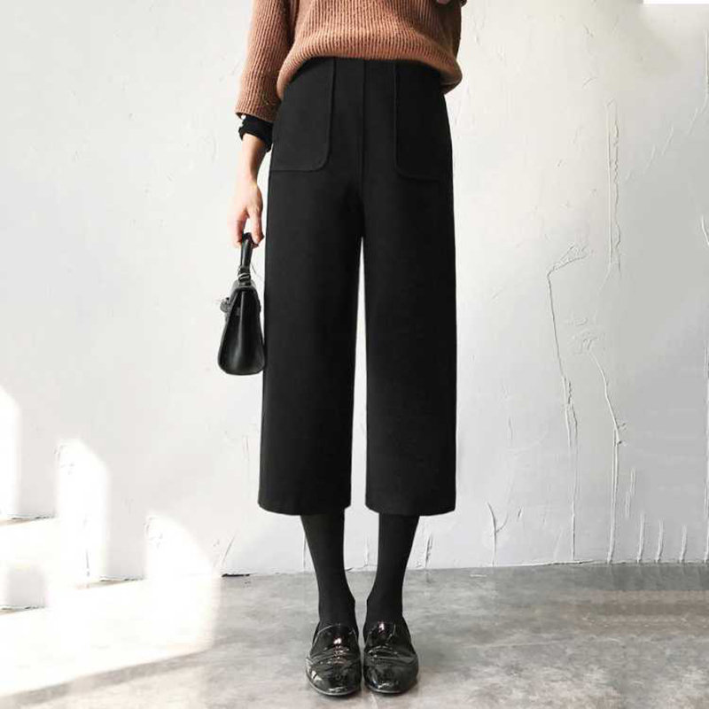 寬鬆九分直筒毛呢寬褲(2色)