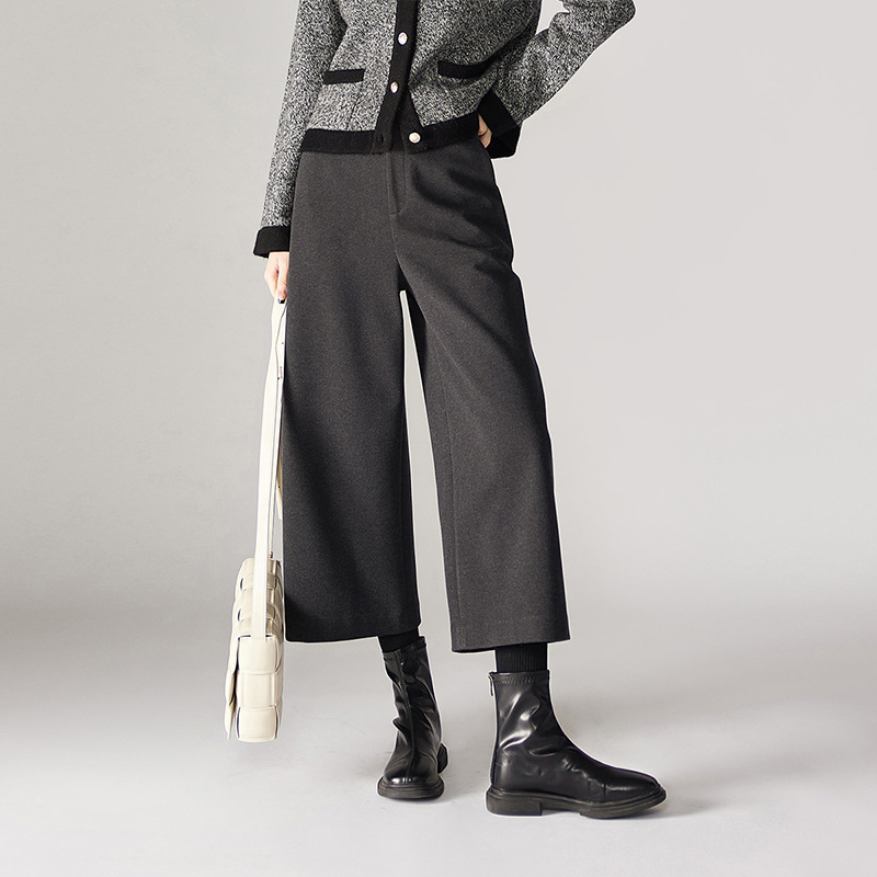 時尚仿毛呢斜紋軟糯拉毛保暖八分闊腿褲(3色)