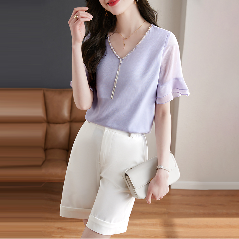 別緻鏈條V領透視荷葉喇叭短袖小衫