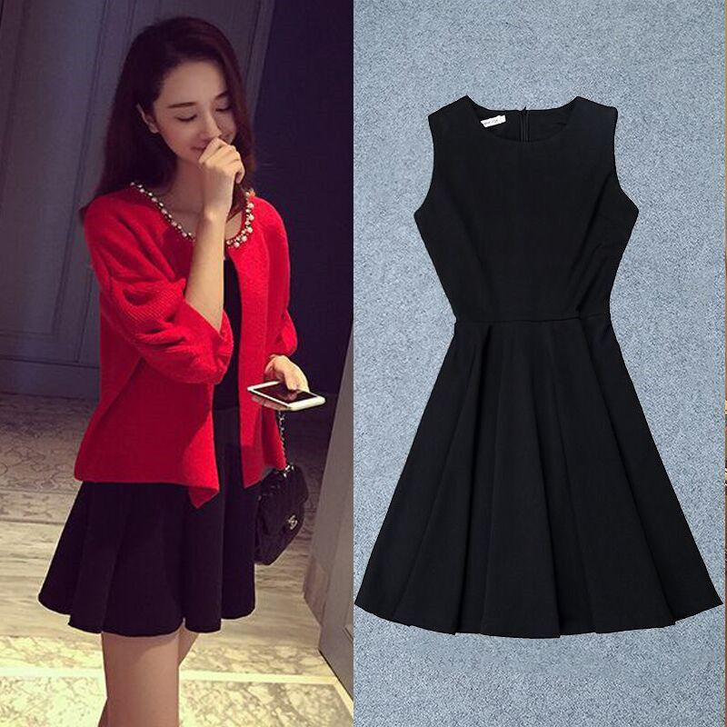 新款釘珠純色外套 / 中長針織無袖連身裙兩件套(2色)