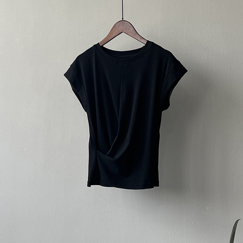 休閒純色小飛袖褶皺交叉不規則下擺T恤(3色)
