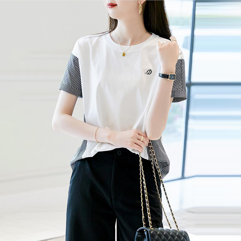 時尚圓領刺繡條紋短袖T恤