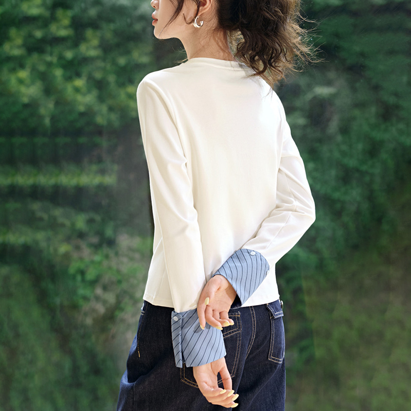 韓系條紋袖口撞色拼接長袖T恤(2色)