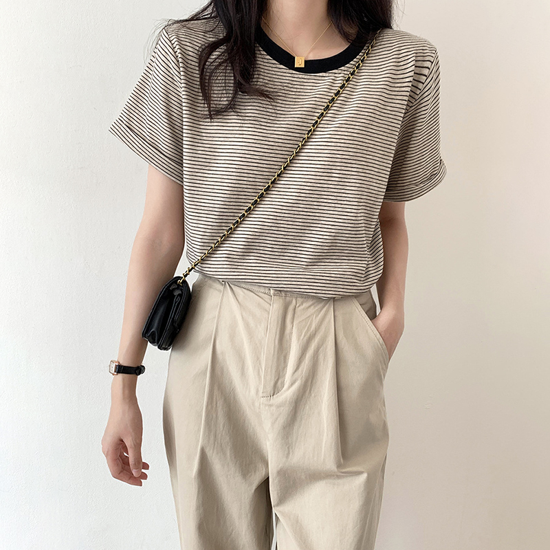 韓系圓領條紋拼色短袖T恤(3色)