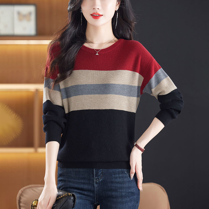 舒適圓領撞色條紋長袖針織衫(2色)