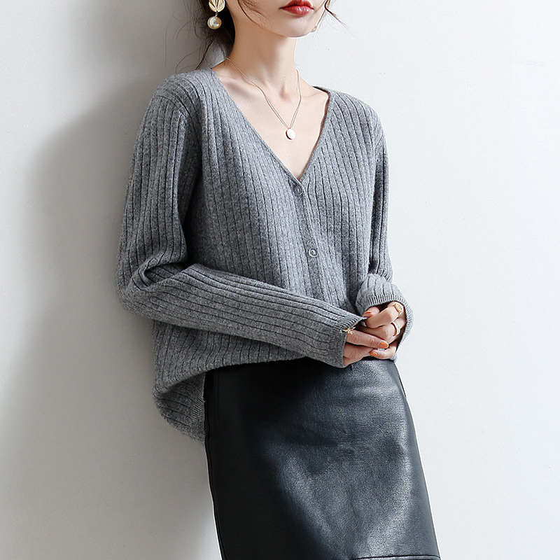 新款V領坑條長袖針織開襟衫(6色)