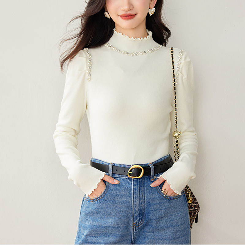 半高領木耳邊長袖正肩針織衫(4色)