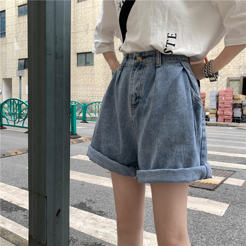 高腰薄款寬鬆闊腿五分牛仔短褲