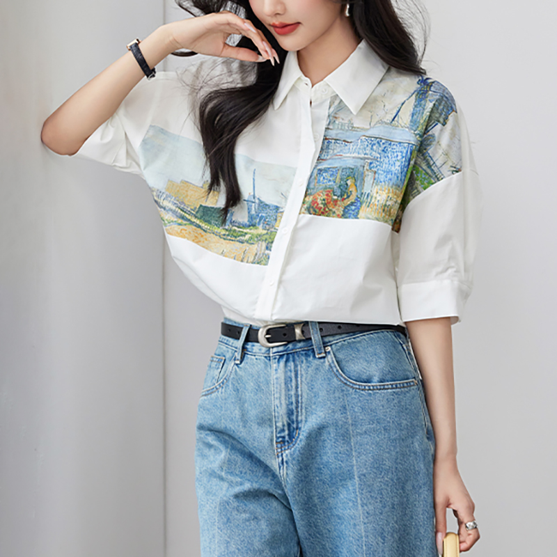 設計感印花短袖襯衫