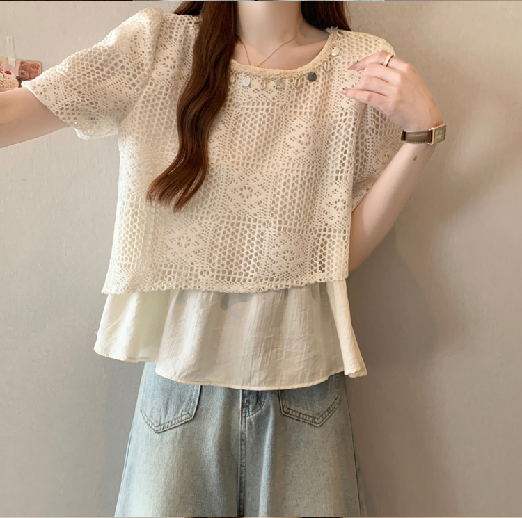 波西米亞風假兩件拼接鏤空短袖/無袖小衫
