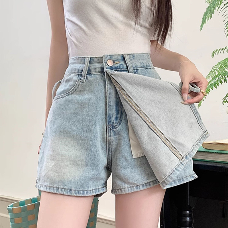 高腰不規則設計綁帶假兩件牛仔短裙褲(2色)