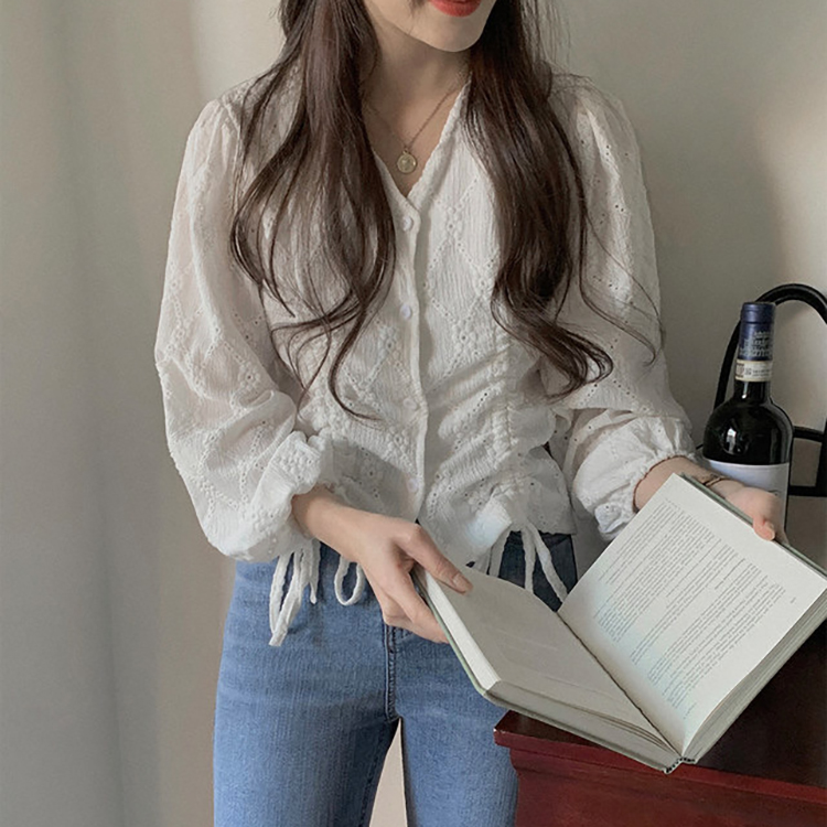 韓國V領抽繩繫帶鉤花襯衫