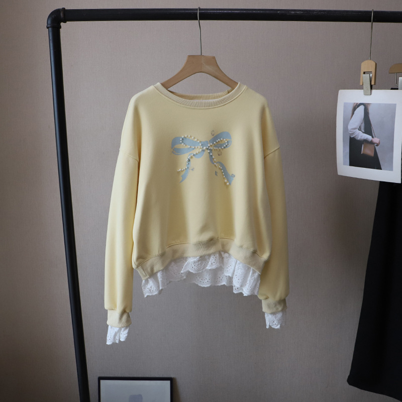 韓系蕾絲拼接蝴蝶結釘珠假兩件衛衣(4色)