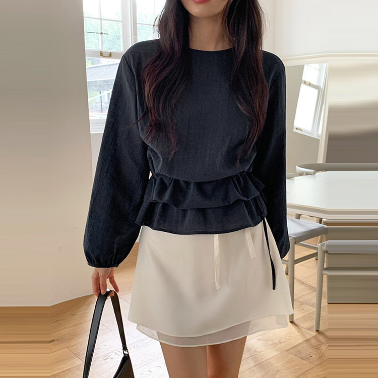 韓國荷葉雙層抽繩收腰襯衫(3色)