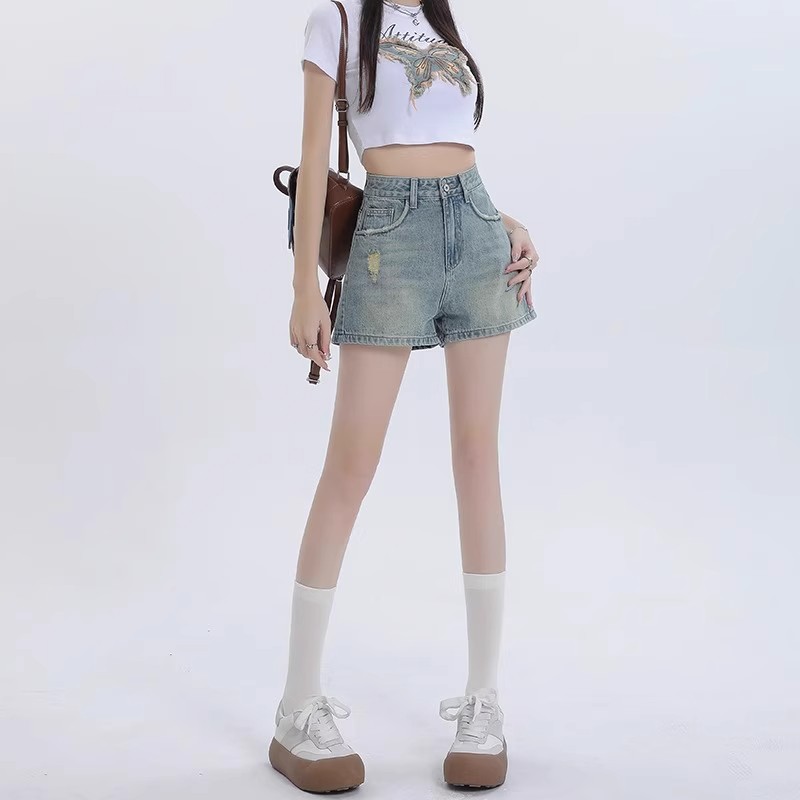 復古破洞高腰A字牛仔短褲