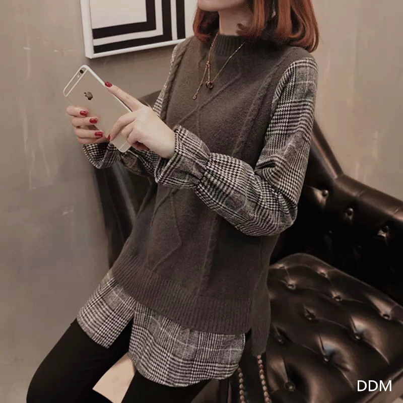 日系寬鬆假兩件襯衫袖針織衫(4色)